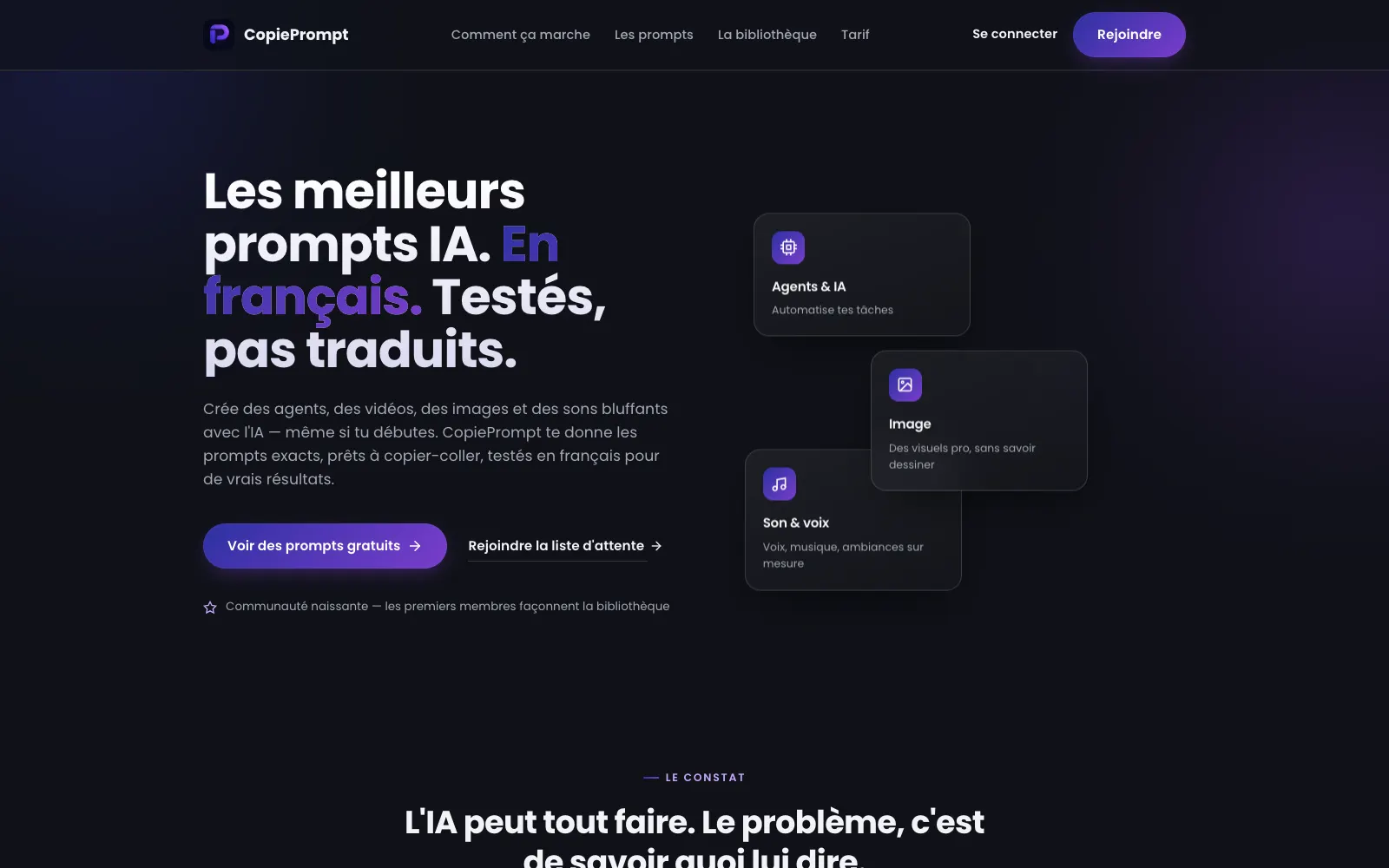Page d’accueil de CopiePrompt : « Les meilleurs prompts IA en français »