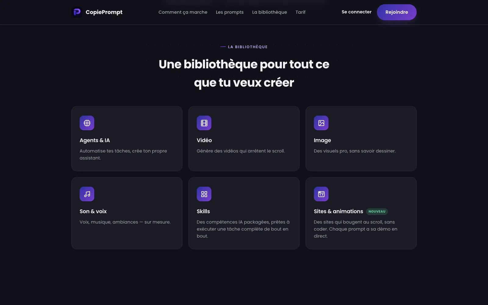 Bibliothèque de prompts CopiePrompt classés par usage