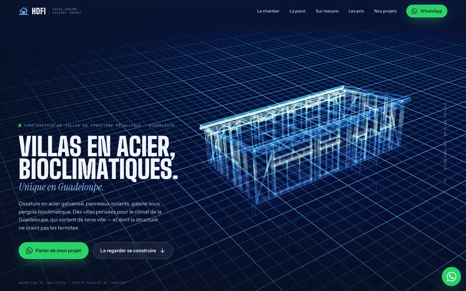 HDFI : « Villas en acier, bioclimatiques », plan 3D en fil de fer